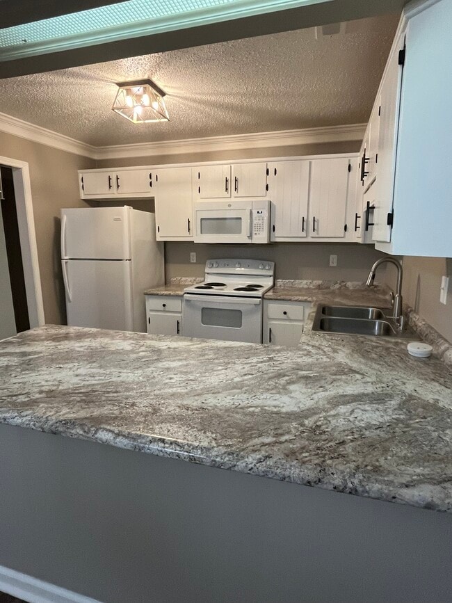 Marble pattern countertop - kitchen equipped with stove, fridge, microwave, dishwasher, and disposal - 445 Brackinhouse Pl