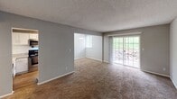 Located at 201 Cairn Cir in Knoxville, Tennessee, this single-floor residence offers a well-organized and functional layout. The open living and dining area is generously proportioned, finished with plush wall-to-wall carpeting and neutral gray walls that create a clean, versatile backdrop. A large sliding glass door floods the space with natural light while providing direct access to an outdoor patio area, where a stone retaining wall adds a natural scenic element. A dedicated dining nook is defined by a pendant light fixture and a window with blinds.

The kitchen is thoughtfully appointed with white shaker-style cabinetry, granite-look countertops, a classic white subway tile backsplash, and wood-look flooring. Stainless steel appliances, including a refrigerator and range, complete the functional cooking space. A short hallway connects the kitchen to the rest of the home, offering convenient access to adjacent rooms.

The bedrooms feature soft carpeting, neutral gray walls, and windows dressed with blinds for natural light and privacy. Textured ceilings are consistent throughout the home, adding a familiar residential character. The layout, as seen in the floorplan overview, is compact yet efficient, making excellent use of the available single-level footprint. Overall, the space presents a tidy, move-in-ready environment in a well-established Knoxville neighborhood.