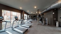 This single-level fitness center is designed to support a comprehensive workout experience, combining a modern aesthetic with a full range of professional-grade equipment. The space is finished with dark, neutral-toned walls and durable carpet flooring, creating a focused and energetic atmosphere throughout.

The cardio zone lines one side of the facility and features a row of True-brand treadmills, elliptical trainers, and stair climbers, each equipped with individual digital display consoles. Large floor-to-ceiling windows run along the perimeter, flooding the space with abundant natural light and offering views of the surrounding outdoor area, including what appears to be a courtyard with palm trees and landscaping.

On the opposite side, a dedicated strength training area houses a series of selectorized cable and resistance machines, providing options for full-body machine-based workouts. A functional training zone is also present, equipped with a multi-station power rack, TRX suspension trainers, kettlebells in varying weights, medicine balls, and barbells — well-suited for dynamic and free-weight training.

Exposed ductwork running along the ceiling adds an industrial character to the space, while recessed lighting and pendant fixtures ensure consistent illumination throughout. A wall-mounted television is positioned to be visible from the cardio area, and mirrored walls in the strength zone enhance the sense of openness.