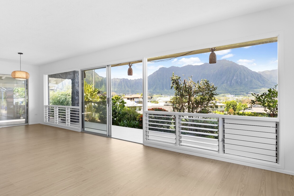 Stunning view of the Ko'olau Mountains from the newly renovated, open-floor plan living room. - 45-162 Neepapa Pl