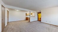 This single-floor, one-bedroom, one-bathroom unit offers a functional and efficient layout designed to make the most of its available space. The open-concept living and kitchen area forms the heart of the unit, with a spacious carpeted living room that provides ample room for comfortable furnishings. The kitchen is separated by a structural half-wall with a pass-through counter opening, creating a connected yet defined cooking space. It features warm oak-toned cabinetry, a white electric range, a stainless steel sink, and light-colored countertops, all set on durable tile flooring. A textured ceiling runs throughout the unit, adding a consistent design element. The hallway connects the main living area to the private bedroom and bathroom. The bedroom is a comfortably sized retreat, featuring plush carpeting, a large window that allows natural light to fill the room, and a double-door closet offering generous storage. The full bathroom includes a tub-shower combination, a toilet, a single-sink vanity with oak cabinetry, and tile flooring, offering a clean and functional design. White walls throughout the unit create a bright, neutral backdrop ready for personalization.