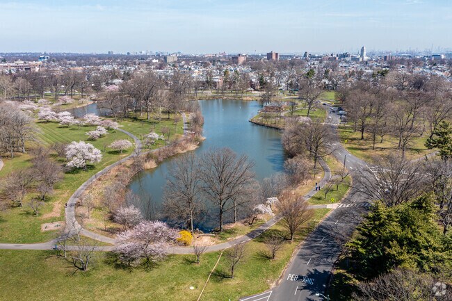 A scenic view of the city and lake.
