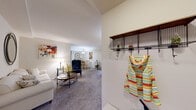 This single-floor, 3-bedroom, 1-bathroom residence offers a practical and comfortable layout designed to maximize everyday living. The entry features a built-in wall-mounted coat rack with storage shelf, providing a convenient drop zone as you step inside. The carpeted living room is open and inviting, flowing seamlessly into a dedicated dining area illuminated by a pendant light fixture. The dining space is well-proportioned, offering room for a round table and sideboard console. The kitchen is efficiently designed with warm oak cabinetry extending to the upper walls, tile backsplash, light tile flooring, and white appliances including a gas range, refrigerator, and dishwasher — offering ample counter and storage space. The spacious primary bedroom accommodates a full-sized bed comfortably and benefits from natural light through a large window. The single bathroom features a white vanity with under-cabinet storage, a lighted mirror, mosaic tile flooring, and a tub. A built-in linen closet adjacent to the bathroom provides additional storage. Two dedicated closets — including a walk-in with built-in shelving and hanging rods — add generous storage throughout. Neutral tones and carpet flooring create a cohesive, comfortable atmosphere across the entire residence.