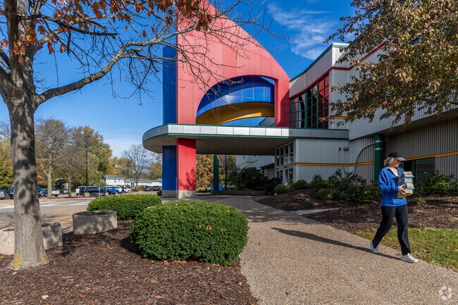 The attractive entrance of the Bettendorf Public Library in Bettendorf.