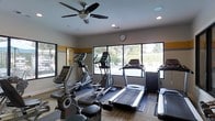 Located at 8000 Waters Ave in Savannah, Georgia, this single-floor fitness center is designed to provide a functional and comfortable workout environment. The space is equipped with a variety of cardio machines, including treadmills, elliptical trainers, and a stationary bike, thoughtfully arranged to allow for easy movement between equipment. Large windows line the walls, flooding the room with natural light and offering pleasant views of the surrounding outdoor greenery, creating an open and inviting atmosphere. A ceiling fan mounted overhead works in tandem with recessed lighting to keep the space well-ventilated and evenly illuminated throughout the day. The neutral color palette, accented by a warm horizontal band along the walls, contributes to a clean and focused aesthetic. Durable flooring with area mats beneath each piece of equipment adds both safety and visual structure to the layout. A wall clock ensures exercisers can easily manage their workout time. The combination of natural light, greenery views, and well-maintained equipment makes this fitness center a practical and appealing space for residents or members looking to maintain an active lifestyle.