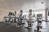 This modern fitness center is thoughtfully designed to support a full range of workout routines across a single, open-plan level. The space is divided into distinct functional zones, each purpose-built to serve different training needs.

The strength training area is generously outfitted with a variety of Matrix-brand selectorized machines, a cable crossover station, free weights, and a flat bench, all arranged to allow comfortable circulation between equipment. Large floor-to-ceiling windows flood this zone with natural light, while full-length mirror panels along the walls enhance the sense of openness and allow users to monitor their form.

The cardio zone features a row of elliptical trainers and spin bikes, complemented by wall-mounted televisions for entertainment during workouts. Dark accent walls and recessed lighting give this area a sleek, focused atmosphere. A separate functional training corner provides stability balls and a seating bench for stretching and accessory work.

Durable rubber flooring runs throughout the entire facility, providing both safety and sound absorption. A built-in dual drinking fountain station is conveniently located near the entrance. Recessed ceiling lights and a clean, neutral color palette contribute to the facility's contemporary and professional aesthetic, making it a practical and inviting space for daily fitness activity.