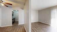 This single-story unit is finished with wood-style laminate flooring that runs consistently throughout, lending a cohesive and clean aesthetic to every room. Neutral gray walls provide a versatile backdrop across all living spaces.

The layout includes an open living area bathed in natural light through a large sliding glass door dressed with vertical blinds, offering a bright and airy atmosphere. An adjacent room, also with wood-style flooring and a ceiling fan with integrated lighting, provides flexibility as a bedroom or secondary living space. Additional rooms share the same flooring and neutral palette, each equipped with ceiling fans and windows that bring in natural light.

The galley-style kitchen features dark wood cabinetry, speckled laminate countertops, a stainless steel sink, and black appliances including a refrigerator, electric range, dishwasher, and overhead ventilation hood. Storage is efficiently distributed along both sides of the kitchen corridor.

The bathroom includes a full tub and shower combination with white tile surround, a wood-toned vanity with granite-style countertops, and wood-style flooring that mirrors the rest of the unit. The space maintains a functional, straightforward design throughout.