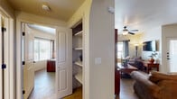 This single-story, 2-bedroom, 2-bathroom home offers a thoughtfully designed layout that maximizes comfort and functionality. The living room features warm wood-look tile flooring, a ceiling fan, and an arched entryway that lends a subtle architectural charm, while natural light filters in through multiple windows. A dedicated dining area sits adjacent to the living space, highlighted by a glass-paneled exterior door that brightens the room. The kitchen is equipped with knotty pine cabinetry, black appliances including a refrigerator, electric range, and built-in microwave, along with a double sink and tile flooring. The primary bedroom is a comfortable retreat with a ceiling fan, wood-look flooring, and generous natural light from a large window. Both bathrooms feature tile flooring and warm-toned cabinetry; one includes a full tub-shower combination with tasteful tile surround detailing. A spacious walk-in closet with dual hanging rods and shelving provides ample storage. The dedicated laundry room accommodates a full-size washer and dryer with overhead shelving. A built-in hallway closet with open shelving adds further organization to this practical and inviting home.