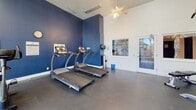 This fitness center in San Diego, CA is a well-appointed, single-floor facility designed to support a comprehensive workout experience. The space is characterized by soaring ceilings and an expansive wall of floor-to-ceiling windows featuring arched architectural details, flooding the interior with natural light and offering scenic views of the surrounding hillside landscape. A ceiling fan provides additional airflow throughout the open layout.

The gym is equipped with a variety of cardio machines, including multiple SportsArt treadmills, an elliptical trainer, and a stationary bike, making it suitable for a range of aerobic workouts. A multi-station cable strength machine anchors the strength training area, complemented by a weight bench and free weights for versatile resistance training.

The interior design features a bold navy blue accent wall that contrasts with crisp white walls and a textured ceiling, giving the space a clean, modern aesthetic. Durable rubber flooring covers the workout area, providing comfort and safety during exercise. Full-length mirrors on one wall enhance the sense of space and allow users to monitor their form. A wall-mounted television adds convenience for entertainment during workouts. Glass-panel doors provide direct access to an outdoor area, further connecting the fitness center to its natural surroundings.