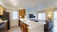 This single-floor residence offers a thoughtfully designed open-concept layout that seamlessly connects the living, dining, and kitchen areas into one cohesive, functional space. Light-toned walls and smooth ceilings contribute to a bright, airy atmosphere throughout, while wood-style flooring runs underfoot to unify the common areas.

The kitchen is a standout feature, equipped with warm-toned wood cabinetry that extends to the upper walls for ample storage, a stainless steel sink with a modern gooseneck faucet, a dishwasher, and a generous white countertop peninsula. The peninsula doubles as a breakfast bar with seating, making it ideal for casual dining or entertaining. Track lighting above the kitchen adds focused illumination.

The open living area accommodates comfortable seating and flows naturally into a dedicated dining nook, providing distinct functional zones within the shared space. Windows fitted with vertical blinds allow natural light to filter through while maintaining privacy.

The bedroom hallway, visible from the main living space, leads to a private bathroom. Overall, this unit combines practical storage, modern finishes, and an efficient, welcoming layout suited for everyday living.