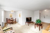 This single-floor residence offers a thoughtfully arranged layout with distinct living, dining, sleeping, and cooking areas. The living room is carpeted and bright, featuring two windows that admit natural light, a ceiling fan, and ample space for comfortable seating arrangements. Framed artwork adds a decorative touch to the neutral white walls.

Adjacent to the living room, the dining area accommodates a round wooden table with chairs and benefits from a window overlooking the exterior, creating a pleasant setting for meals. Framed art adorns the wall, contributing to the room's warmth.

The kitchen is functional and well-equipped, featuring warm wood cabinetry extending to the ceiling for generous storage, dark countertops, a white electric range, and a full-size refrigerator. Tile flooring provides a practical, easy-to-maintain surface.

The bedroom features rich hardwood flooring, a large window allowing natural light, and generous closet access. Dark wood furniture complements the warm tones of the floor.

The bathroom includes a wood-grain vanity, tile wainscoting, a window for natural ventilation, a radiator, and a tub-shower combination, presenting a clean and functional design throughout.