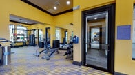 Located at 10901 Brighton Bay Blvd NE in Saint Petersburg, Florida, this fitness center is a thoughtfully designed, single-floor facility that offers a comprehensive workout experience. The space is immediately distinguished by its bold golden-yellow walls, accented with dark crown molding and trim, lending the facility a vibrant, energetic atmosphere. Striped carpeted flooring in yellow and grey runs throughout the primary workout areas, complementing the overall color scheme.

The main strength and conditioning area is generously proportioned, housing a full lineup of Matrix-brand equipment, including adjustable benches, cable machines, and an extensive dumbbell rack displayed in front of floor-to-ceiling mirrors that amplify the sense of space. Multiple windows allow natural light to filter in, offering views of the surrounding Florida landscape.

A dedicated cardio zone features a row of treadmills and elliptical machines positioned beneath ceiling fans, keeping airflow consistent during intense sessions. A wall-mounted flat-screen television serves as both entertainment and motivation.

A separate cycling studio provides a focused environment for spin classes, equipped with Matrix cycling bikes, a large mounted display screen, wall mirrors, and medicine ball storage. Vaulted ceilings and additional windows enhance the open feel of the room.

An additional functional training area accommodates cable systems, a punching bag, and battle rope equipment, rounding out the facility's diverse offerings.