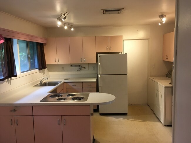 Eat in retro kitchen with track lighting,plenty of cabinets, counter top space & a pantry - 35 Red Berry Rd