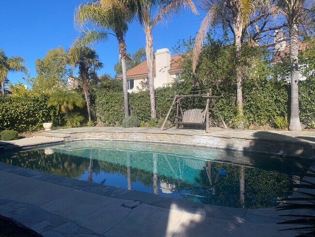 private backyard with mature landscaping, pool, spa, outside bar and sitting area/outdoor dining. - 6044 Shadycreek Dr