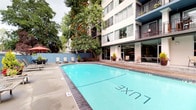 The outdoor amenity area at Luxe centers around a generously sized swimming pool with clear turquoise water, framed by brick-tiled coping and a broad concrete pool deck. The pool is set within an enclosed courtyard defined by a blue perimeter wall, providing a sense of privacy while mature deciduous trees rise above, adding natural greenery and a lush canopy overhead.

The surrounding deck is well-furnished for outdoor living. Multiple lounge chairs are arranged along the poolside, offering comfortable spots for relaxing in the sun. A dedicated seating area features a round patio table with chairs shaded by a bold red market umbrella, ideal for outdoor dining or casual gatherings. A stainless steel gas grill is conveniently located nearby, making the space well-suited for outdoor entertaining.

Adjacent to the pool, large floor-to-ceiling windows and glass doors connect the deck to an interior common area, enhancing the flow between indoor and outdoor spaces. Balconies of the multi-story building overlook the pool courtyard, adding a dynamic architectural backdrop. Potted flowering plants and ornamental shrubs are placed throughout the deck, contributing color and a well-maintained, welcoming ambiance to the entire outdoor space.