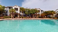 Located at 15015 W Airport Blvd in Sugar Land, Texas, this outdoor amenity space is designed to deliver a resort-style experience for its residents. The centerpiece is a large, sparkling swimming pool with crystal-clear blue water, complemented by an adjacent spa. Surrounding the pool, a spacious concrete deck is furnished with lounge chairs and shaded dining areas featuring red market umbrellas, creating an inviting atmosphere for relaxation and outdoor entertaining.

Tall palm trees and lush landscaping are thoughtfully integrated throughout the pool area, adding a tropical ambiance that is further enhanced by the multi-story residential buildings framing the backdrop. Pergola-style covered structures provide additional shaded gathering spots along the pool deck.

A standout feature of this space is the covered outdoor bar, which is elegantly finished with stacked stone columns and walls, a curved granite countertop with mosaic tile detailing, and a built-in sink. Bar-height seating lines the counter, and a wall-mounted flat-screen television makes this area ideal for social gatherings. Ceiling fans keep the covered space comfortable year-round. Classic lantern-style light fixtures on the stone columns add a refined, welcoming touch to the overall design of this well-appointed outdoor retreat.