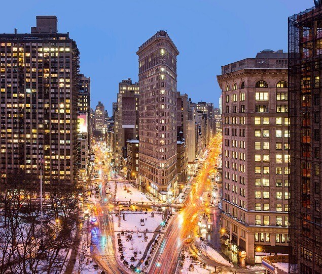 An aerial view of the Flatiron Building