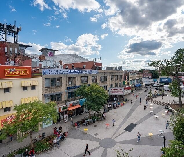 A birds-eye view of Corona Plaza, a public plaza that hosts exhibits and events for the Queens Museum