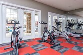 The fitness center at Preserve At Cascade in Atlanta, Georgia, is a well-equipped, single-floor facility designed to support a comprehensive workout experience. The space features a striking red and gray modular carpet tile floor that adds a bold, energetic aesthetic throughout the room. Neutral taupe-toned walls are complemented by recessed lighting overhead, creating a clean and functional environment.

A full-length mirror spans one wall, visually expanding the space and allowing users to monitor their form during exercise. Large French doors and windows line the perimeter, inviting ample natural light and providing views of the surrounding exterior. The layout is thoughtfully organized, with cardio equipment — including treadmills, ellipticals, and stationary and spin bikes — positioned along one side of the room. A cable machine and multi-function strength station anchor the strength-training area, while a dedicated dumbbell rack offers a range of free weight options. A speed bag adds an additional functional training element. Interior pass-through windows connect the fitness center to adjacent community spaces, enhancing the sense of openness and integration within the broader facility.