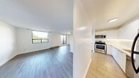 This 2-bedroom, 1-bathroom unit offers a thoughtfully designed single-floor layout that makes efficient use of its space. The open-concept living area is a standout feature, showcasing durable hardwood-style flooring, a textured ceiling, and large black-framed windows alongside a sliding glass door that floods the room with natural light and provides access to an outdoor area with views of surrounding greenery.

The kitchen is separated from the living area by a partial wall, creating a semi-open feel while maintaining distinct zones. It is equipped with stainless steel appliances, including a range and over-the-range microwave, complemented by clean white cabinetry and light tile flooring.

Both bedrooms are bright and well-proportioned, each featuring hardwood-style flooring and windows overlooking outdoor greenery. The primary bedroom includes a built-in sliding-door closet for ample storage. Baseboard heating is present throughout the unit, ensuring consistent comfort year-round.

The bathroom features a full soaker tub and shower combination with white tile surround accented by a vertical mosaic tile strip, offering a clean and polished finish.

Two hallways provide practical connectivity throughout the unit, and the overall neutral color palette of whites and light greys creates a bright, versatile atmosphere well-suited to a variety of interior styles.