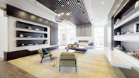 Located at 116 W 9th St in Wilmington, Delaware, this contemporary amenity lounge is a thoughtfully designed, single-floor space that blends sophisticated aesthetics with versatile social functionality. The main lounge area features soaring ceilings with a striking slatted dark wood ceiling detail, suspended sculptural pendant lighting, and a bold patterned area rug in yellow and grey tones. Built-in dark shelving units with display niches anchor one wall, while an open layout encourages comfortable gathering. A sleek linear fireplace set into a white tile surround with a dramatic vertical slat installation above serves as a focal point in the seating lounge, flanked by modern swivel chairs and a warm wood-toned floor. Floor-to-ceiling glass walls and French doors flood the space with natural light and open directly to an outdoor terrace, offering expansive views of the surrounding cityscape. A dedicated media and billiards room features a pool table, wall-mounted television, a textured decorative ceiling, and a built-in wet bar with backlit shelving — ideal for entertainment. A quieter lounge alcove offers a generous sectional sofa, a dark marble coffee table, and subtle cove lighting along a textured accent wall, providing a refined retreat within the larger space.