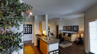 This single-story residence in Keller, Texas, showcases an open-concept layout that integrates the kitchen and living areas into one cohesive, flowing space. The kitchen serves as a central hub, featuring a peninsula with a dark granite countertop, a double-basin sink, honey-toned cabinetry, and a built-in dishwasher. Track lighting above the kitchen adds focused illumination, complementing the warm ambient glow from table lamps throughout the space.

The living area is generously proportioned, with rich dark hardwood flooring that runs throughout, anchored by a patterned area rug. A ceiling fan provides both function and a finishing touch overhead. The living space is furnished with a classic sofa ensemble accented by decorative throw pillows, while a set of framed artwork lines the walls, adding character and visual interest.

A hallway visible from the main living area leads toward additional rooms, and an accent wall with grid-style shelving adds a decorative focal point near the entryway. Lush indoor plants enhance the space with natural texture. The overall ambiance is warm, well-lit, and thoughtfully arranged.