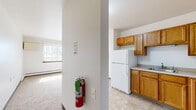 Located at 4816 S Packard Ave in Cudahy, WI, this one-bedroom, one-bathroom residence offers a practical and well-organized single-floor layout. The kitchen is a functional highlight of the unit, featuring warm honey-toned oak cabinetry that extends to the upper and lower walls, light-colored countertops, a stainless steel double sink, and tile flooring. White appliances, including a refrigerator and range, complete the kitchen's efficient design. The bedroom is a comfortable, carpeted space with neutral white walls, dark wood baseboards, a baseboard heating unit, and a window fitted with vertical blinds that allow natural light to filter in. A hallway connects the main living areas and provides access to the full bathroom, which includes a tub and shower combination with classic light blue tile surround, a white toilet, an oak vanity with an integrated sink, a medicine cabinet mirror, and white mosaic tile flooring. The overall ambiance of the unit is clean and practical, with a neutral color palette throughout that offers a move-in-ready canvas.