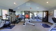 This single-story fitness center offers a thoughtfully designed workout space with a vaulted, cathedral-style ceiling that enhances the sense of openness and airiness throughout the room. The high peak of the ceiling, finished in soft gray tones, creates an inviting atmosphere conducive to exercise. Large windows along the walls allow abundant natural light to fill the space, contributing to an energizing environment.

A full wall of floor-to-ceiling mirrors visually expands the room and allows users to monitor their form during workouts. The fitness center is equipped with a variety of cardio machines, including treadmills, an elliptical, and a stationary bike. Free weights and a rack of medicine balls and stability balls in various sizes provide options for strength and functional training. A padded weight bench adds versatility for resistance exercises.

The flooring consists of patterned carpet tiles paired with rubber mat sections, offering comfort and safety for a range of workout activities. A wall-mounted television provides entertainment during workouts. The overall layout is organized and spacious, accommodating multiple users simultaneously with ease.