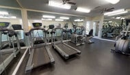 This fitness center is a dedicated single-floor exercise facility designed to support a well-rounded cardio workout routine. The room is outfitted with multiple treadmills, including T80 models, alongside elliptical cross-trainers and a recumbent stationary bike, providing a variety of cardiovascular equipment options for users of varying fitness levels. Full-length mirrored walls line a significant portion of the space, visually expanding the room and allowing users to monitor their form during workouts. The floors are finished with dark rubber flooring, a practical and durable surface well-suited for a high-traffic fitness environment. Overhead, the textured ceiling is fitted with multiple ceiling fans and fluorescent light fixtures that ensure the space remains bright and well-ventilated throughout. A two-tone painted wall — featuring a soft green lower half and a neutral upper half — adds a clean, functional aesthetic to the interior. A glass-paneled door along one wall allows natural light to filter into the space and provides a view of the outdoors. Informational postings and wall-mounted accessories near the entry area contribute to the facility's organized and user-friendly layout. Overall, the fitness center offers a comfortable and functional environment for daily exercise.