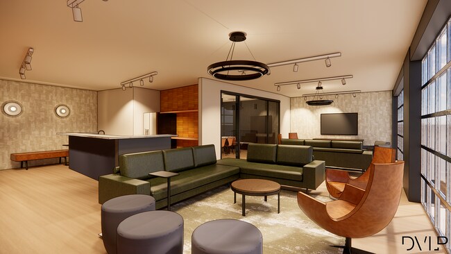 Moderno salón club de concepto abierto en la azotea con elegantes sofás seccionales verdes, elegantes sillas de cuero y amplias ventanas. - Bogen Lofts Apartments