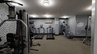 Located at 3130 N Lake Shore Dr in Chicago's Lakeview neighborhood, this fitness center offers a well-organized and fully equipped workout facility spread across a single floor. The space is designed with a practical, no-frills aesthetic, featuring neutral gray walls, dark trim accents, and durable carpeted flooring throughout.

The cardio section is prominently stocked with multiple True treadmills equipped with individual digital consoles, as well as a Precor elliptical trainer, providing ample options for aerobic exercise. A wall-mounted HVAC unit ensures climate control for a comfortable workout environment. A dedicated signage reminder to wipe down equipment after use reflects an emphasis on cleanliness and shared responsibility.

The strength training area is equally comprehensive, featuring a multi-function cable and weight machine, a full squat/power rack with a flat bench for free weight exercises, and a rack of dumbbells displayed along a mirrored wall. The mirrored surfaces enhance the sense of space and allow users to monitor their form during workouts. A decorative mosaic tile accent wall adds a subtle design element, giving the space visual depth and texture.

A flat-screen television is mounted on the wall for entertainment during workouts. The facility is accessed through a secured door, ensuring privacy and controlled entry for authorized users. Flush-mounted ceiling lights provide consistent, even illumination throughout the space.