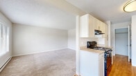 This single-floor, one-bedroom, one-bathroom unit offers a practical and comfortable layout across a modest but efficiently designed footprint. The open-concept kitchen and living area form the heart of the home, with the galley-style kitchen featuring white shaker cabinetry, light countertops, black appliances including an electric range and dishwasher, a stainless steel sink, and durable hardwood-style flooring. The kitchen flows seamlessly into the living area, which is brightened by large sliding glass doors that open to a private balcony overlooking a landscaped outdoor area. A ceiling fan adds comfort to the living space, which transitions to plush carpeting underfoot. The bedroom is a well-proportioned retreat with carpet flooring, a large window allowing natural light and tree views, and a baseboard heating system. It is accompanied by a spacious walk-in closet outfitted with built-in shelving and hanging rods, offering generous storage. The bathroom features a white vanity with a framed mirror, brushed nickel fixtures, and a tub-shower combination with tile surround. Textured ceilings are present throughout, contributing to the unit's classic residential character.