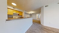 This single-story, 3-bedroom, 2-bathroom home in Ormond Beach, FL offers a functional and straightforward layout across a comfortable footprint. The open-concept living and dining area features neutral-toned carpeting, a textured ceiling, and a sliding glass door fitted with vertical blinds that allows natural light and outdoor views into the space.

The kitchen is positioned adjacent to the living area, separated by a raised breakfast bar with granite-style countertops. Inside, the galley-style kitchen is well-equipped with light wood cabinetry, a white electric range, a black refrigerator, a dishwasher, and vinyl tile flooring, offering practical storage and workspace.

A carpeted hallway connects the three bedrooms, each featuring neutral walls, carpet flooring, and windows with outdoor views. The primary bedroom is a comfortable size and includes access to a spacious walk-in closet outfitted with wire shelving and hanging rods for organized storage.

Both bathrooms include tile flooring, a tub-shower combination with white tile surround, and light wood vanity cabinetry. One bathroom features accessibility grab bars. A dedicated laundry area with washer hookups completes the home's practical interior.