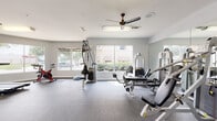 This fitness center offers a comprehensive workout environment designed to accommodate a wide range of exercise needs. The space is thoughtfully laid out across a single floor, with durable rubber flooring throughout that provides both safety and comfort during workouts.

The cardio zone features multiple treadmills and an elliptical trainer, each positioned to take advantage of the large windows that line the walls, offering pleasant outdoor views of the surrounding greenery. A wall-mounted flat-screen television adds entertainment options for cardio sessions.

The strength training area is well-appointed with a multi-station cable machine, a dedicated weight bench, and a full rack of dumbbells ranging across various weights, catering to both beginner and advanced users. A spin bike and a balance trainer further diversify the available workout options.

Full-length mirrors along one wall enhance the sense of openness while allowing users to monitor their form during exercises. Multiple ceiling fans are evenly distributed throughout the space, ensuring consistent air circulation and comfort. Bright, even lighting complements the natural light streaming through the large windows.

Additional amenities include a sanitation station with wipes and dispensers, a water station, and a private restroom accessible from within the fitness center, making this a fully self-contained and practical facility.