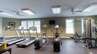 This single-floor fitness center is thoughtfully designed to provide a functional and comfortable workout environment. The space is outfitted with a selection of cardio equipment, including treadmills and elliptical machines, as well as strength training apparatus, offering users a well-rounded exercise experience. The room is finished with durable, dark rubber flooring suitable for high-traffic athletic use, providing both safety and resilience underfoot. Natural light flows in generously through multiple white-framed windows along the walls, creating a bright and energizing atmosphere. The walls are painted in a muted olive-green tone, lending the space a calm and focused ambiance. Overhead, flush-mounted fluorescent light fixtures and a ceiling fan ensure consistent illumination and air circulation throughout. A wall-mounted flat-screen television is positioned centrally, offering entertainment during workouts. The overall layout is open and uncluttered, allowing for ease of movement between stations. The combination of natural light, practical flooring, and a clean, organized arrangement makes this fitness center a functional and inviting space for daily exercise.