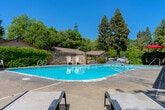 Located at 1055 E Lassen Ave in Chico, California, this outdoor amenity space centers around a generously sized swimming pool and an adjacent spa, set within a beautifully landscaped environment. The pool area features clean, light-colored concrete decking that surrounds both the main pool and the adjoining hot tub, offering ample space for lounging and relaxation. Poolside seating includes lounge chairs and a shaded patio area with tables and umbrellas, providing comfortable spots to unwind under the Northern California sun.

The facility is framed by tall, mature trees — including towering pines and leafy deciduous varieties — that provide natural shade and a sense of privacy. Lush hedgerows and manicured greenery border the perimeter, creating a tranquil, resort-like atmosphere. A single-story utility building adjacent to the pool houses support facilities, finished with stucco exterior walls and a red-trimmed roofline consistent with the architectural style of the surrounding structures.

The pool itself is well-maintained with crystal-clear blue water, lane markings visible on the pool floor, and easy entry via stainless steel handrails and steps. The overall ambiance is inviting and serene, benefiting from abundant natural light and an open-sky setting that makes the space ideal for outdoor recreation and leisure throughout the warm Chico seasons.