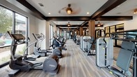 This single-story fitness center in Stafford, Texas, offers a spacious and thoughtfully designed workout environment with a modern aesthetic. The interior is characterized by bold dark-painted beam accents contrasting against lighter walls and ceilings, creating a sleek, structured visual framework throughout. Striped, multi-tone carpeted flooring runs the length of the space, complementing the warm wood-toned columns that provide architectural definition between zones.

The cardio area is generously outfitted with multiple treadmills, elliptical trainers, and stationary bikes, including spin-style cycles positioned near floor-to-ceiling windows. These expansive glass panels flood the space with natural light and offer direct views of an outdoor pool area, enhancing the workout experience. Wall-mounted flat-screen televisions are conveniently positioned near the cardio equipment.

A dedicated free weights section features a full dumbbell rack alongside benches and strength training stations. A separate functional training zone includes a cable and suspension training rig along with open floor space for dynamic exercises. Full-length mirrors along one wall visually expand the room while serving a practical purpose.

Ceiling fans and recessed lighting provide consistent comfort and illumination throughout. A built-in amenity station with cabinetry and counter space adds convenience. The overall ambiance is modern, energetic, and well-organized.