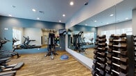 This fitness center is designed to support a comprehensive workout experience within a thoughtfully arranged, single-level layout. The space is divided into distinct functional zones, each catering to different training styles. The main area features bold teal accent walls complemented by light grey surrounds, creating a visually dynamic environment. Large wall-mounted mirrors span multiple walls, enhancing the sense of openness and allowing users to monitor their form during exercise.

Recessed lighting throughout provides consistent, bright illumination across the space. Patterned carpet tile flooring adds texture underfoot while defining the workout areas. The cardio zone houses a treadmill, elliptical, and upright stationary bike, positioned near a window that allows natural light and exterior views. The strength training area is anchored by a multi-functional cable machine and a wall-mounted television. A dedicated free weight section includes a full rack of dumbbells, a BOSU balance trainer, and a selection of stability balls in multiple sizes stored on a vertical rack. Resistance mats hang neatly on the wall near the entry door. The space is accessible via a glass-paneled door, contributing to an open and inviting atmosphere.