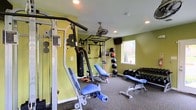 This compact yet fully outfitted fitness space is designed to support a wide range of workout routines. The room features vibrant green-painted walls and recessed lighting that create an energizing atmosphere. A ceiling-mounted fan ensures proper air circulation during intense training sessions.

The space is anchored by a multi-functional cable and pull-up station, ideal for strength and resistance training. A heavy punching bag hangs nearby, offering options for cardio and combat conditioning. Two adjustable blue workout benches provide versatility for both pressing and incline exercises.

Along one wall, a organized dumbbell rack holds a full range of free weights, making it easy to transition between exercises. A set of medicine balls is neatly displayed on a wall-mounted rack, supporting core and functional training. The floor is finished with durable carpet suitable for gym use.

Natural light enters through a window on the far wall, adding brightness to the space. A wall-mounted television screen is also present, allowing users to follow workout programs or stay entertained during cardio sessions. Overall, this fitness room is thoughtfully arranged to maximize utility within its footprint, catering to strength, conditioning, and functional training needs.