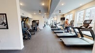 Located at 2136 Cumberland Ave in Knoxville, TN, this well-appointed fitness center spans a generous single floor and is designed to accommodate a full spectrum of workout needs. The space features a bright, open layout with white walls, recessed lighting, and large windows that flood the interior with natural light while offering views of the surrounding cityscape.

The cardio zone is lined with a row of treadmills, including Assault Fitness curved treadmills, ellipticals, and stationary bikes, all positioned along the windowed perimeter to maximize the sense of openness. A wall-mounted flat-screen television provides entertainment for cardio users.

The strength and functional training area is equally well-equipped, featuring a multi-station cable and power rack system, a full dumbbell rack with accompanying mirrors and built-in wood-toned storage cabinetry, adjustable weight benches, and a dedicated boxing bag station. A colorful geometric mural adds a dynamic visual accent near the entrance, complementing framed motivational artwork displayed throughout the space.

The flooring transitions between durable carpet tile and hard flooring depending on the zone, and ceiling fans and recessed lighting ensure a comfortable environment. Black-framed glass double doors serve as the main entrance, contributing to the clean, contemporary aesthetic. Overall, this fitness center delivers a professional, fully equipped environment suited for a wide variety of training goals.