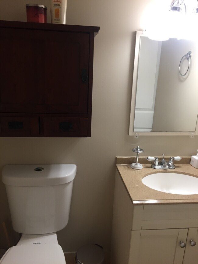 Baño con espacio de almacenamiento debajo del lavabo y en el armario sobre el inodoro. - 43 Girard St. NE