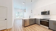 Located in Dallas, TX, this thoughtfully designed one-bedroom, one-bathroom residence offers a clean, contemporary aesthetic throughout. The open-concept living area seamlessly connects the kitchen, dining, and living spaces beneath impressively soaring ceilings that amplify the sense of space and airiness. Light-toned hardwood-style flooring flows throughout the main areas, complemented by an abundance of natural light streaming through large windows with blinds.

The kitchen is a standout feature, outfitted with two-tone cabinetry — white upper cabinets and gray lower cabinets — accented with brushed gold hardware, a herringbone tile backsplash, quartz countertops, and a full suite of stainless steel appliances including a refrigerator with ice maker, range, microwave, and dishwasher. Elegant glass pendant lights hang above the peninsula, adding a modern touch.

The bedroom offers plush carpet flooring, tall ceilings, and generous natural light through large windows with outdoor views. It connects directly to the spa-inspired bathroom, which features a double vanity with white cabinetry, gold hardware, matte black fixtures, framed mirrors, and a fully tiled soaking tub and shower combination. Additional highlights include multiple closets, in-unit laundry, and a ceiling fan in the living area.