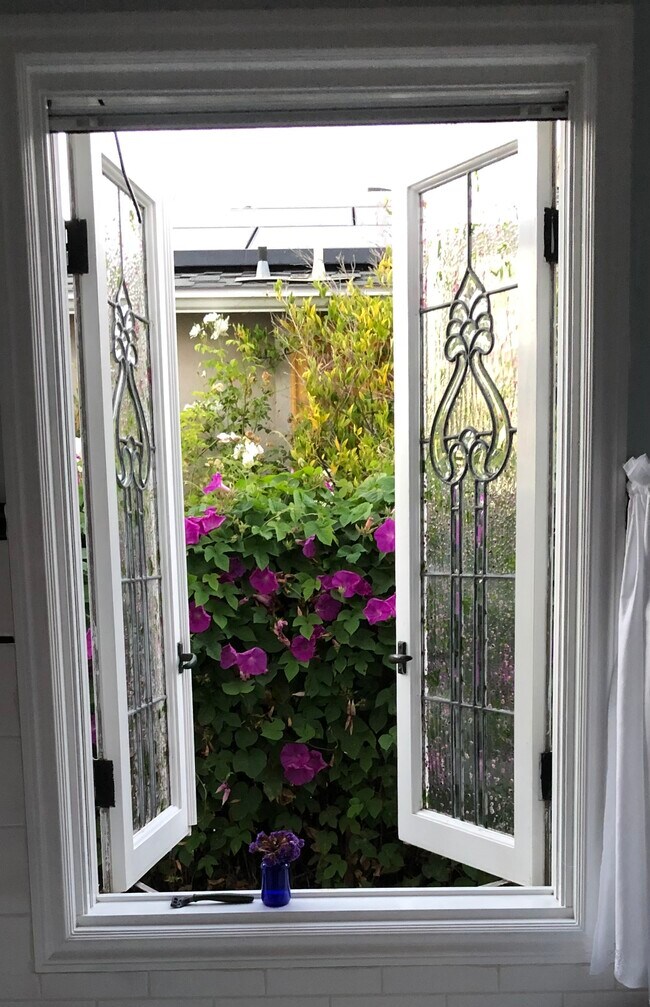 Large screened bathroom art glass windows open to garden fence - 1034 Amoroso Pl