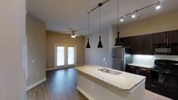 This single-floor residence in Carrollton offers a thoughtfully designed open-concept layout that seamlessly connects the kitchen and living areas. The kitchen is a standout feature, showcasing a large granite-topped island with an undermount sink, dark espresso cabinetry, stainless steel appliances, and a subway tile backsplash. Three striking black pendant lights hang above the island, adding a contemporary focal point to the space. Track lighting overhead further enhances the kitchen's functionality and style. The living area flows naturally from the kitchen, highlighted by rich dark hardwood-style flooring that runs throughout. A ceiling fan provides year-round comfort, while a set of elegant French doors floods the room with natural light and opens to an outdoor patio or balcony, offering a seamless indoor-outdoor connection. Neutral warm-toned walls provide a versatile backdrop that complements the modern finishes. The overall ambiance is clean, contemporary, and inviting, with a balance of practical design and refined aesthetic details that make this Carrollton residence both functional and visually appealing.