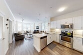 Located at 11 Roosevelt Circle in South Easton, MA, this one-bedroom, one-bathroom unit offers a well-designed single-floor layout with a warm, neutral color palette and an abundance of natural light throughout. The open-concept kitchen and living area serves as the heart of the home, where a modern kitchen impresses with white shaker cabinetry, granite countertops, stainless steel appliances, and a central island with bar seating illuminated by pendant lighting. Crown molding and wood-look flooring add a refined touch to the living space, which features a bay window dining nook and a private patio door opening to peaceful outdoor views of mature trees and greenery. The bedroom is a quiet retreat finished with soft carpeting, a large window, and a wall-mounted TV, while a dedicated closet provides convenient storage. The full bathroom features clean white tile surrounding a full tub-shower combination, with light wood-tone flooring adding warmth to the crisp, bright finish. A dedicated closet rounds out the functional layout. This thoughtfully appointed unit balances comfort and style in a tranquil South Easton setting.