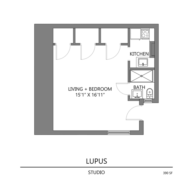 Explore el diseño eficiente del estudio Lupus, que cuenta con una sala de estar y dormitorio combinados. - Pennsylvania Apartments