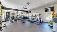 Located at 1035 Alexander Dr in Augusta, Georgia, this fitness center offers a thoughtfully designed exercise space across a single floor. The room is finished with a neutral color palette of crisp white walls, crown molding, and dark rubber flooring, creating a clean and modern athletic environment.

The space is generously equipped to support a full range of workout routines. Cardio equipment includes multiple treadmills and an elliptical trainer, while strength training needs are addressed with a multi-station cable machine, a dedicated weight rack stocked with dumbbells, a weight bench, and a functional training tower complete with TRX suspension straps, medicine balls, and resistance accessories. A large mirrored wall along one side amplifies the sense of space and allows for form monitoring during exercise.

Natural light flows in through multiple windows fitted with white shutters, complemented by recessed ceiling lighting and a ceiling fan that promotes airflow throughout the room. Mounted televisions add an entertainment option for cardio sessions. Two glass-paneled entry doors provide easy access to and from the space, enhancing ventilation and connectivity to the surrounding exterior. The overall ambiance is bright, functional, and well-maintained, making it a practical and inviting environment for fitness activities.