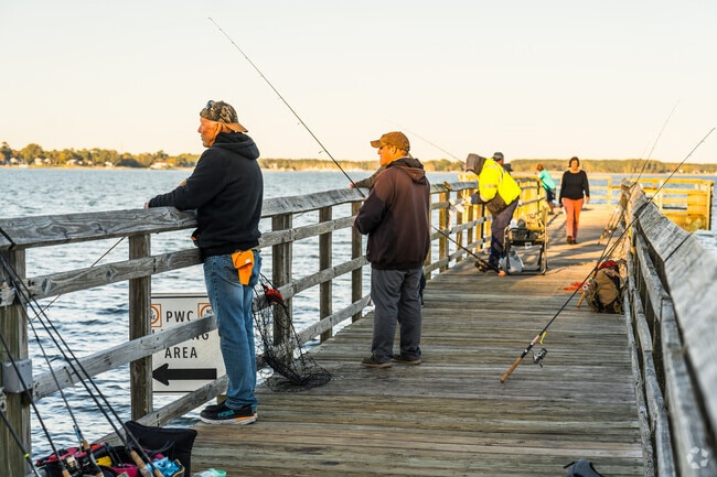 Fishing is common on the piers at Yorktown's Charming Harbor.