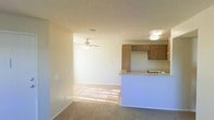 This single-story space showcases an open-concept design that seamlessly connects the living area and kitchen. The living room is carpeted and benefits from natural light streaming through a window, creating a bright and welcoming atmosphere. A ceiling fan is centrally mounted beneath the textured ceiling, providing both airflow and a subtle decorative element. A HVAC vent is also visible, ensuring year-round climate control.

The kitchen is accessible via a raised breakfast bar or pass-through counter, which serves as a natural divider between the two spaces without fully closing them off. Medium-toned wood cabinetry lines the upper portion of the kitchen walls, offering ample storage. A sink is visible along the back wall, and a flush-mounted ceiling light provides focused illumination over the kitchen workspace.

The overall aesthetic is clean and functional, with neutral tones throughout — beige carpet, white walls, and tan cabinetry — creating a cohesive and understated palette. The open layout makes the space feel versatile and easy to furnish, suitable for a variety of living arrangements.