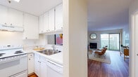 Located at 300 Hilary Way in Vallejo, California, this single-floor residence offers a well-organized layout with a warm, inviting aesthetic throughout. The living room serves as the heart of the home, showcasing rich hardwood-style flooring, a tile-surround fireplace, and a sliding glass door that floods the space with natural light while providing direct access to an outdoor patio area. The open sightline connecting the living room to the kitchen enhances the sense of flow and openness. The galley-style kitchen is efficiently designed with white cabinetry, white countertops, a double-basin sink, a dishwasher, an electric range, and a full-size refrigerator — all set against light hardwood flooring. Two well-proportioned bedrooms each feature plush carpeting, large windows that invite generous natural light, and sliding-door closets. Both bathrooms are finished with hardwood-style flooring and include a full tub-shower combination with clean, bright white fixtures. The consistent use of white walls and light finishes throughout the residence creates a bright, cohesive atmosphere, while the neutral palette provides a versatile backdrop suitable for a variety of interior styles.